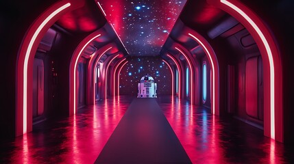 Futuristic sci-fi corridor with robot in cosmic ambiance