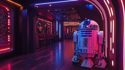 Exploring a futuristic star wars-themed environment with iconic droid presence