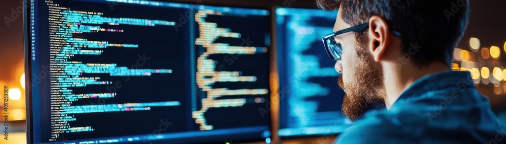 Poster person coding on multiple monitors, focused on programming, night setting, vibrant screen colors.