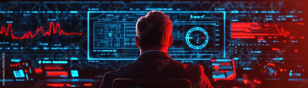 Poster person monitoring advanced technology in a control room with futuristic display screens.
