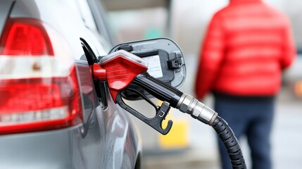 Close-up of gas nozzle inserted in gray vehicle, man blurred in back at fuel station.