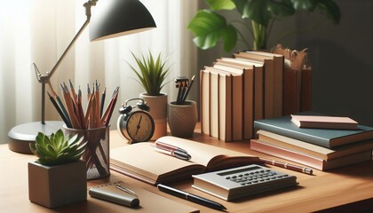 Cozy Desk Setup with Books and Greenery
