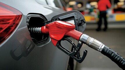 Close-up of gas nozzle inserted in gray vehicle, man blurred in back at fuel station.