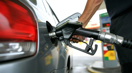 Fototapeta premium Close-up of gray car filling up with gas, selective focus on nozzle, blurry man in background.