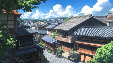 Naklejka premium A lively anime rooftop scene with vibrant hues, showcasing unique architectural designs and a bustling cityscape, perfect for an animated backdrop.