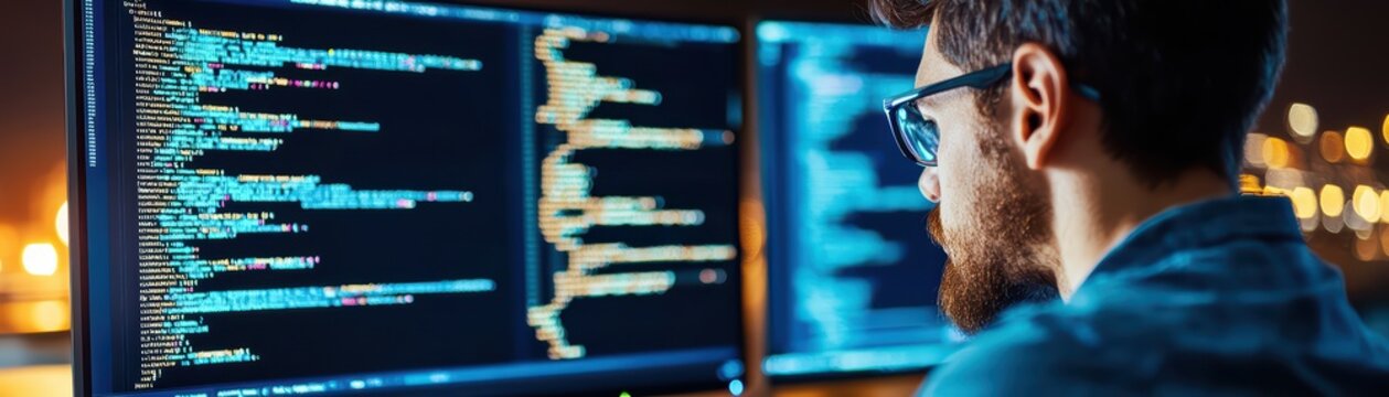 Person coding on multiple monitors, focused on programming, night setting, vibrant screen colors.