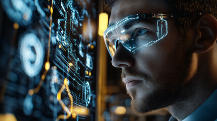 A man wearing glasses is looking at a computer screen with a lot of numbers