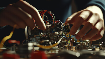 A person is working on a circuit board with wires and a small device