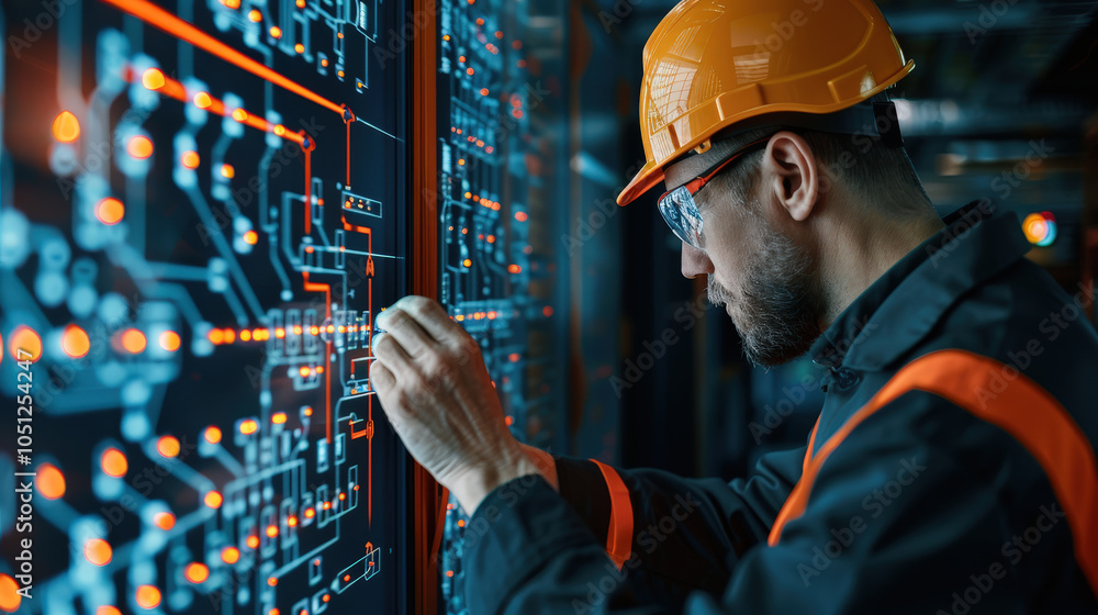 Aufkleber engineer in hard hat and safety glasses is troubleshooting systems on modern office circuit board. f
