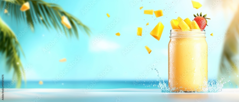 Poster refreshing mango smoothie in a jar with splashes and tropical background.