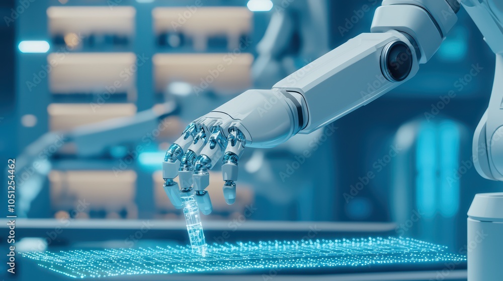 Aufkleber robotic arm interacting with digital data on a futuristic workspace.