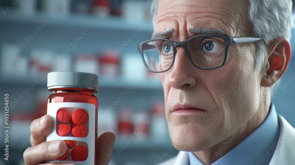 Poster scientist examining a red pill bottle with a focused expression in a laboratory setting.