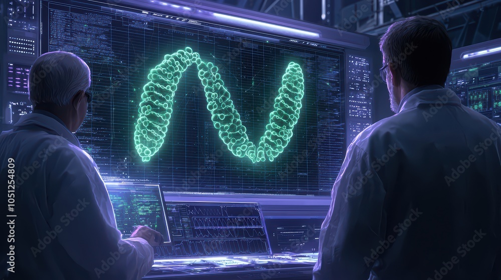 Poster scientists analyzing complex dna structure on a high-tech display in a modern lab environment.