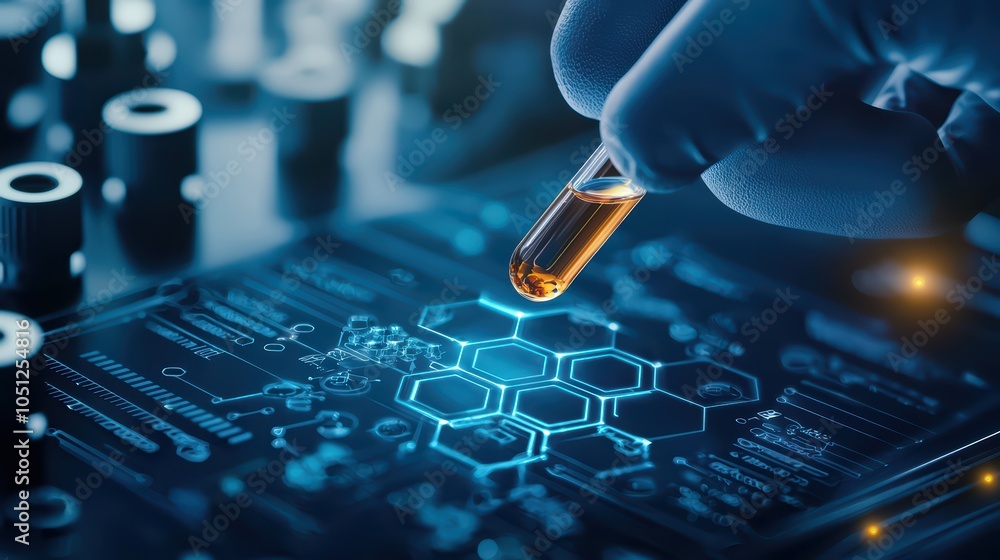Poster scientist's hand holding test tube over high-tech interface with molecular structures and data visua