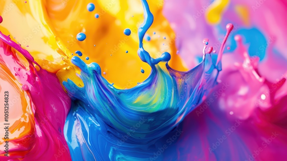 Poster a vibrant background featuring splashes of paint in various colors, creating an artistic and energet