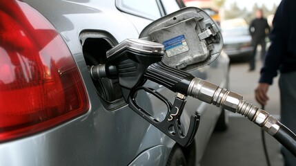 Nozzle inserted in gray cars fuel tank, pumping gas, with unfocused man standing near.