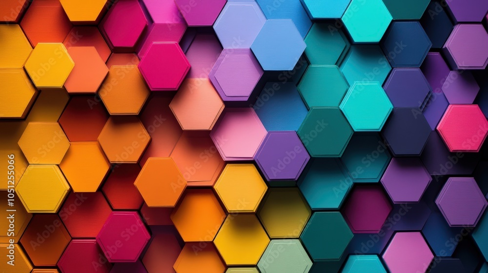 Poster A vibrant hexagonal background composed of colorful honeycomb patterns in bright shades.