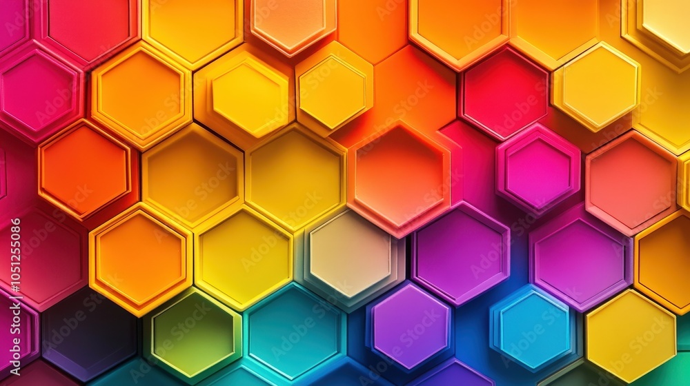 Poster A vibrant hexagonal background composed of colorful honeycomb patterns in bright shades.