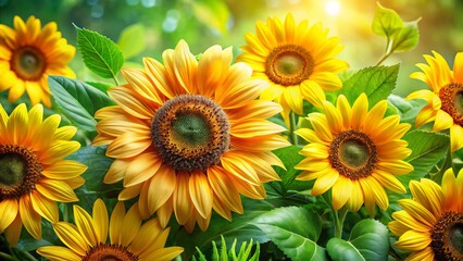 Fototapeta premium Celebrate vibrant home decor with floral photography showcasing bright yellow sunflowers and lush green leaves, perfect for nature-inspired designs and adding a joyful touch to any space.
