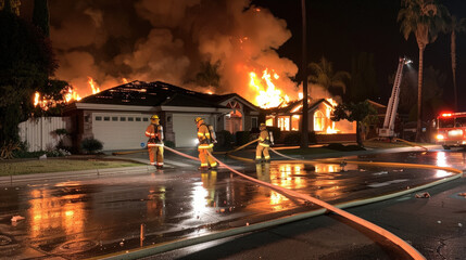 Firefighters bravely battle massive house fire in residential neighborhood at night, with flames illuminating scene. teamwork and urgency are palpable as they work to control blaze