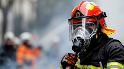 Obraz premium firefighter in protective gear stands ready amidst smoke, holding axe. scene is intense, highlighting bravery and dedication required in emergency situations