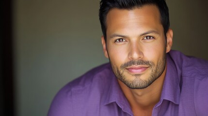 Obraz premium A model portrait of a confident Hispanic man in a purple shirt, radiating style and professionalism in a minimalistic setting, ideal for marketing.