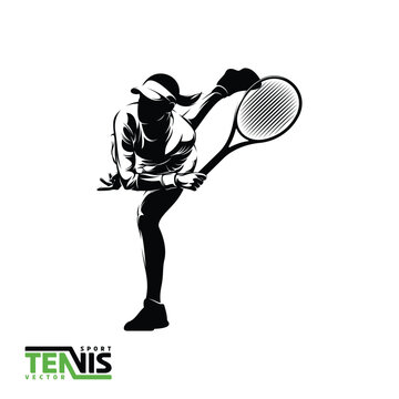 Vector image of a black and white illustration of a female tennis player