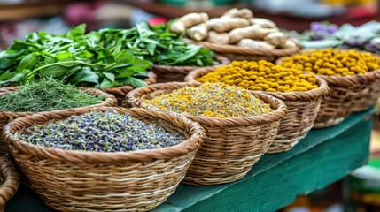 Vibrant assortment of herbs and spices in woven baskets at a market, creating a colorful culinary display.