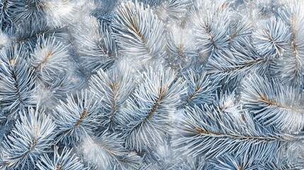 A close-up of snow-covered pine needles glistening in the soft morning light during the winter solstice. The detailed texture and cool tones capture the crisp beauty of winter