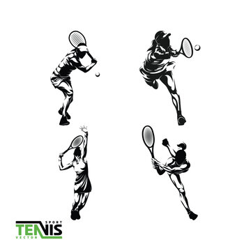 Vector image of a black and white illustration of a female tennis player set