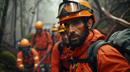 Fototapeta premium group of firefighters in orange uniforms and helmets navigate forest, focused and determined. scene captures their bravery and teamwork in challenging environment