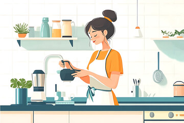 Illustration of a woman cooking in a serene kitchen with morning.