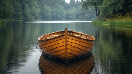 Obraz premium A Wooden Rowboat Resting Still on a Calm Forest Lake