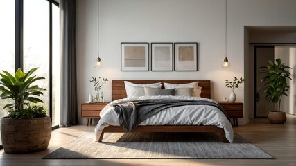 Fototapeta premium Serene Minimalist Bedroom - Cozy Interior Design, White Walls, Natural Light, Simple Decor, Bedside Table
