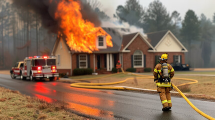 Naklejka premium firefighter approaches burning house with flames engulfing roof, ready to extinguish fire. scene is intense, with fire truck nearby and smoke filling air