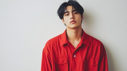 A striking portrait of a teenage East Asian man with black hair wearing a vibrant red shirt, standing confidently against a white wall, perfect for an advertising concept with space for text.