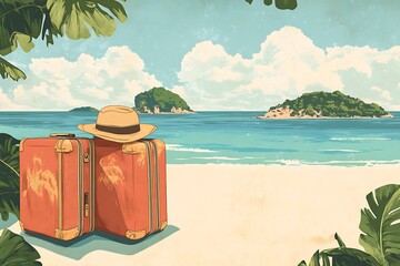 Fototapeta premium Vintage old travel suitcase on beach.