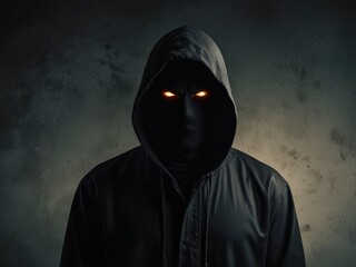 Invisible Intrusion: Unveiling the Futuristic Hacker,Mysterious figure wearing a dark hooded sweatshirt, obscured face, stands against a dimly lit, shadowy background