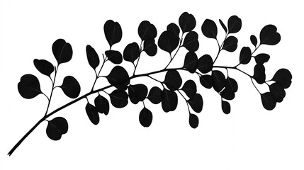 Minimalist eucalyptus branch silhouette, delicate black botanical illustration on white, simple nature art