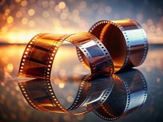 Coiled Camera Film on Reflective Surface - Vintage Analog Photography, Film Strip, Classic Camera, Retro Film, Photography Medium, Blurred Background
