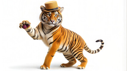Asian tiger wearing a hat standing on a white background.generatie ai
