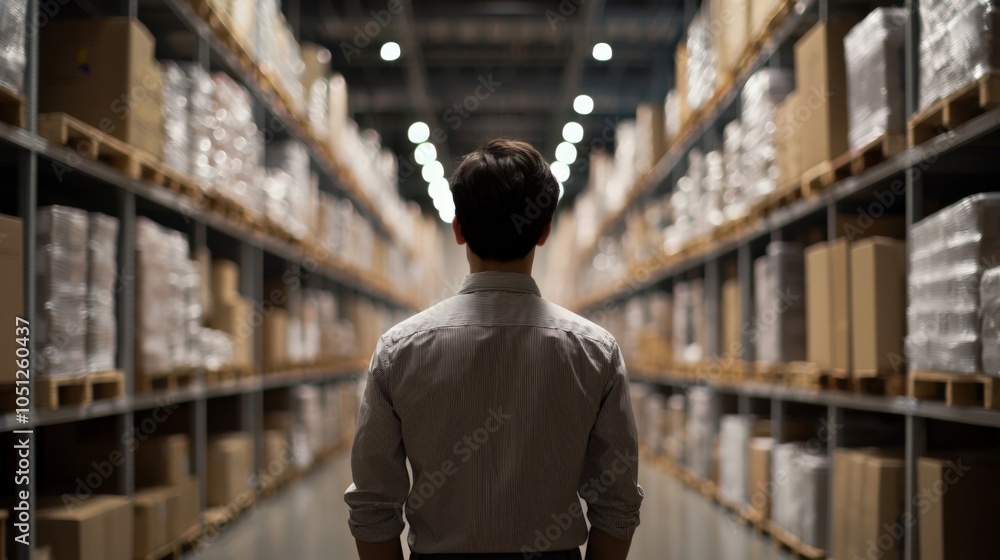 Poster a person stands in a warehouse, facing rows of stacked boxes and packages, creating a sense of explo