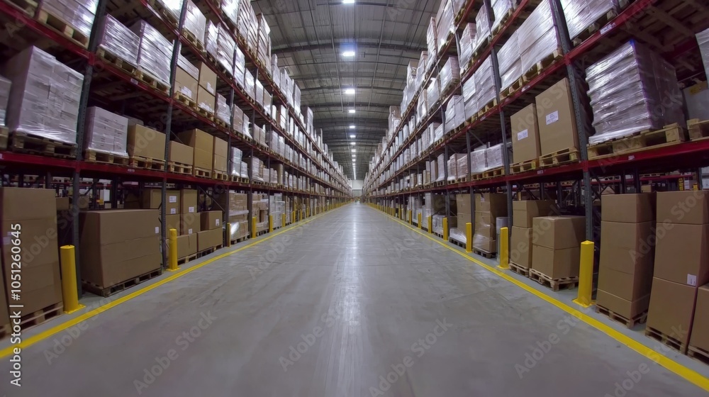 Poster a vast warehouse filled with neatly stacked boxes on shelves, creating a long aisle illuminated by o