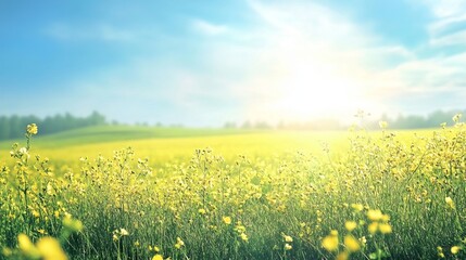 Golden yellow canola field in bloom under bright sunlight, showcasing sustainable agriculture and eco-friendly farming practices with lush green grass and vibrant flowers in a natural meadow landscape