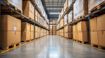 A spacious warehouse filled with neatly stacked cardboard boxes on shelves, showcasing an organized storage facility.