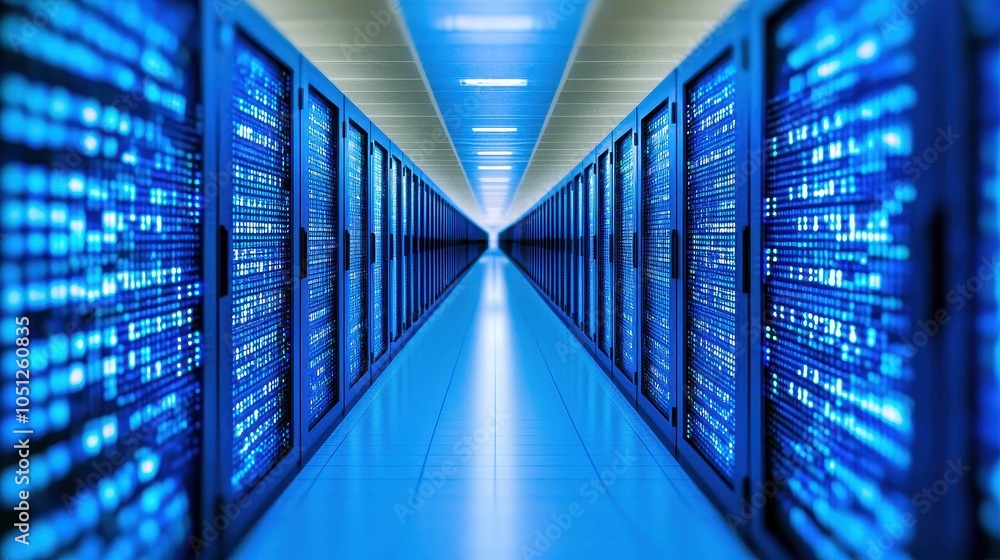 Poster data center corridor with rows of servers illuminating in blue light, showcasing modern computing in