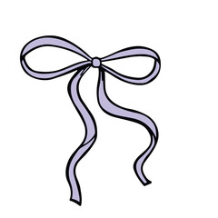 Cute lilac thin ribbon bow. Hand drawn bow illustration. Birthday, Christmas, and Valentine's Day decoration. Gift wrapping.
