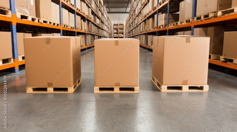 Poster a spacious warehouse filled with neatly organized cardboard boxes on pallets, showcasing efficient s