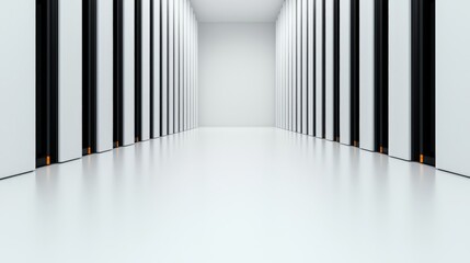 Obraz premium A modern, minimalistic hallway featuring doors, with a clean, white floor and walls, suggesting a secure and organized environment.