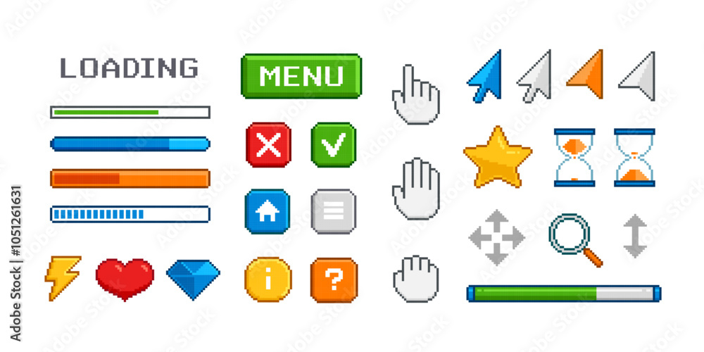 Poster 8-bit Pixel game menu buttons and icons set. Pixel PC interface cursors and game menu, app ui interface graphics. Retro video game elements and menu navigation icons.  Perfect pixel vector